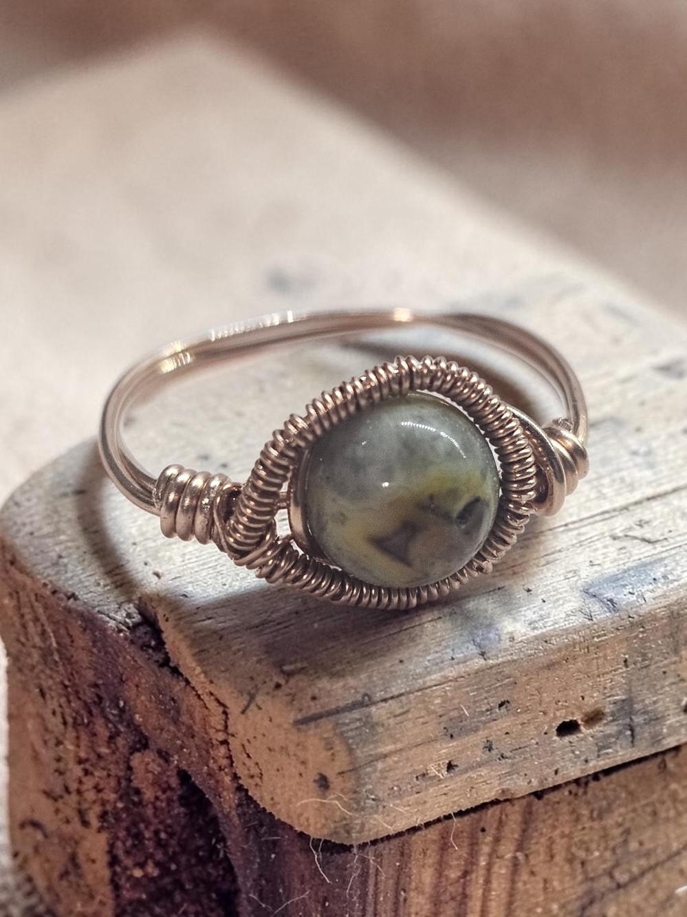 Gold Wire-Wrapped Ring with Olive Green Jasper Center